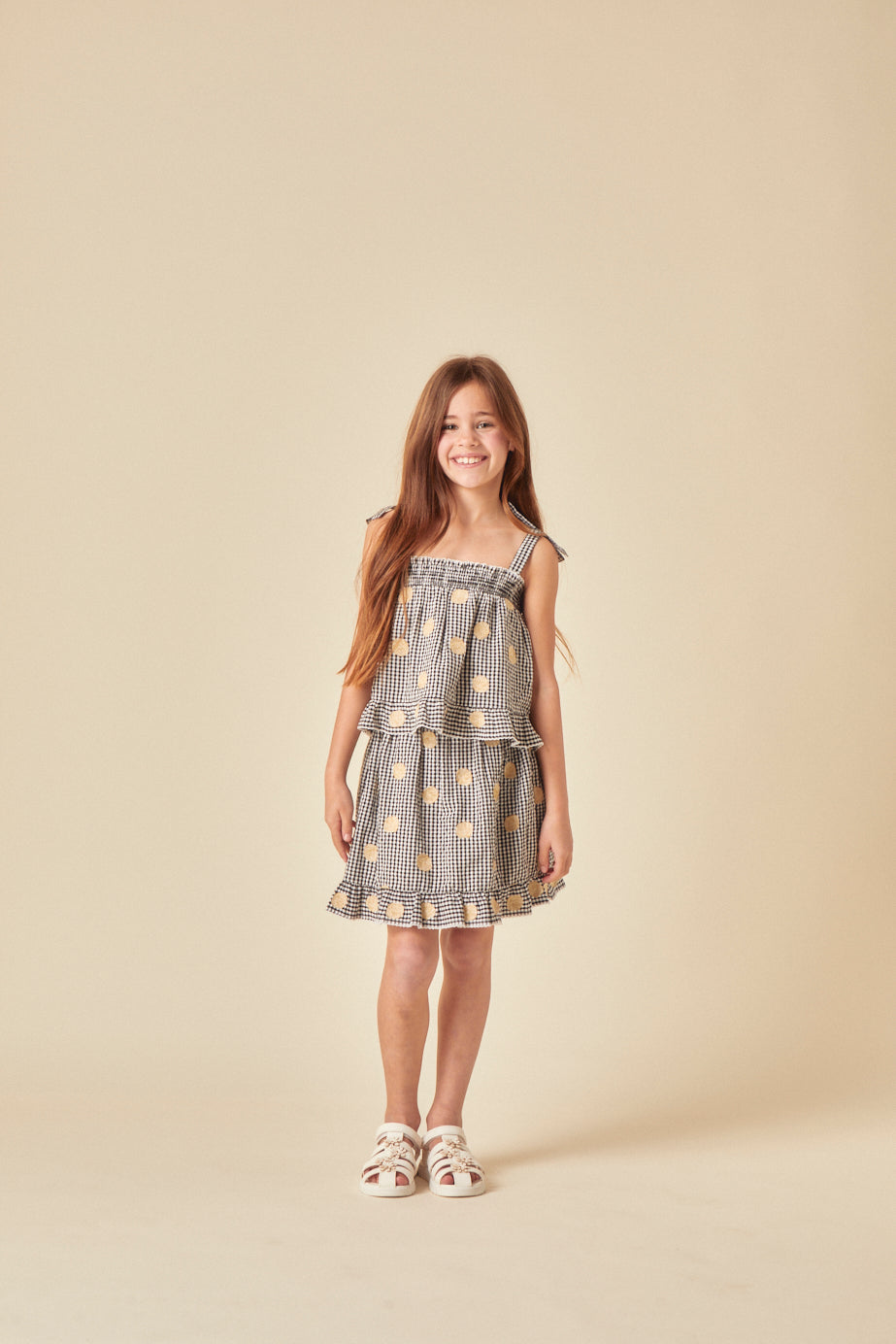 Girls Black Gingham Shell Embroidered Skirt