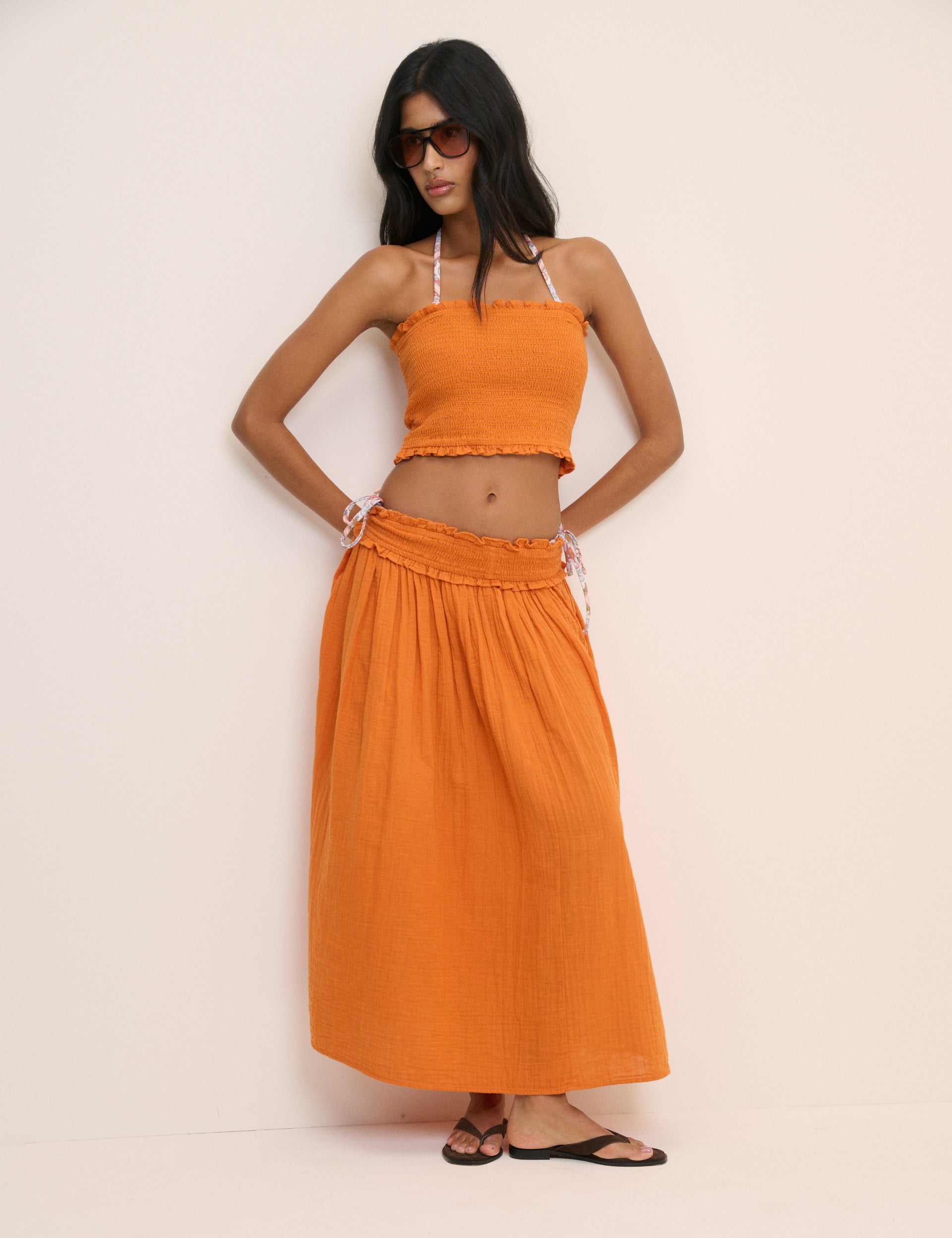 Orange Shirred Bandeau Top