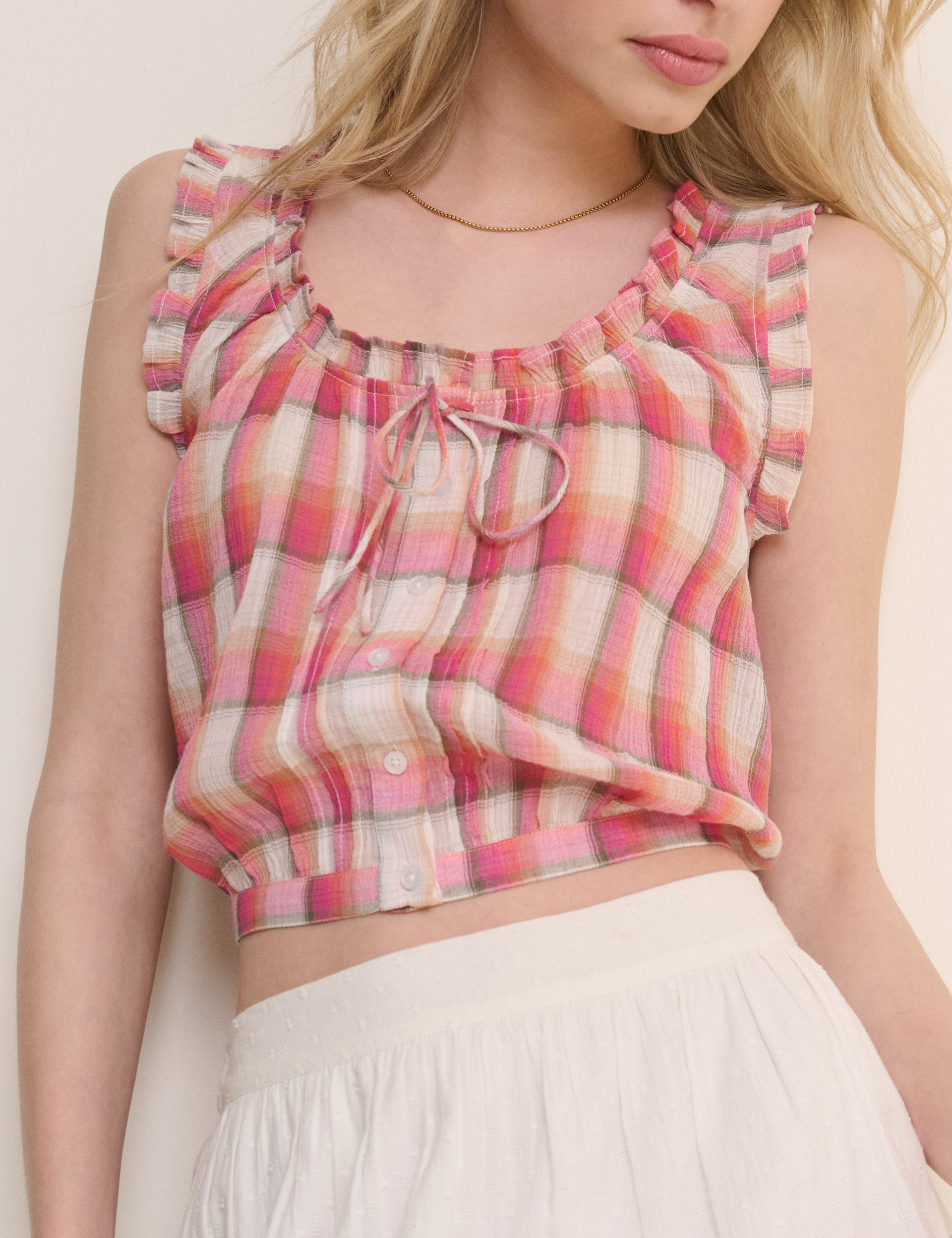Red Check Ruffle Trim Scoop Neck Blouse