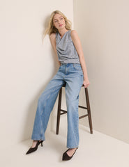 Blue Check Cowl Neck Sleeveless Top