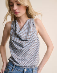 Blue Check Cowl Neck Sleeveless Top