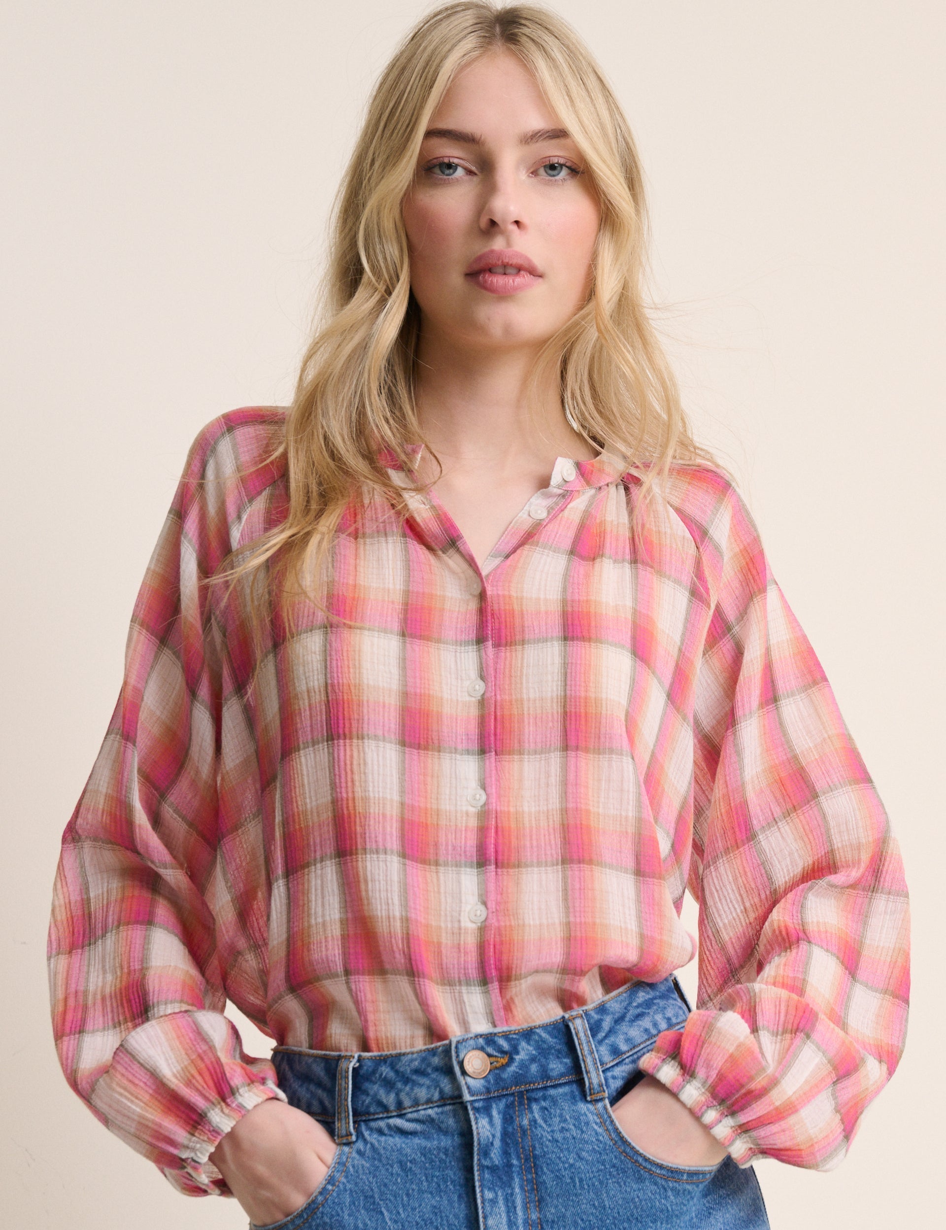 Red Check Balloon Sleeve Blouse