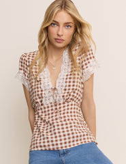 Brown Gingham Lace Trim Maeve Top