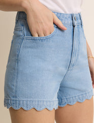Mid Wash Denim Scallop Hem Shorts