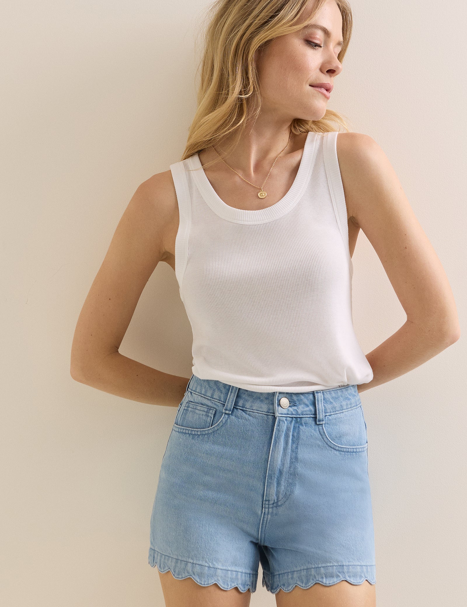 Mid Wash Denim Scallop Hem Shorts