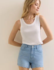 Mid Wash Denim Scallop Hem Shorts