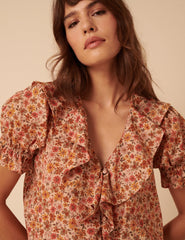 Pink Floral Ruffle Trim Top