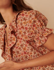 Pink Floral Ruffle Trim Top
