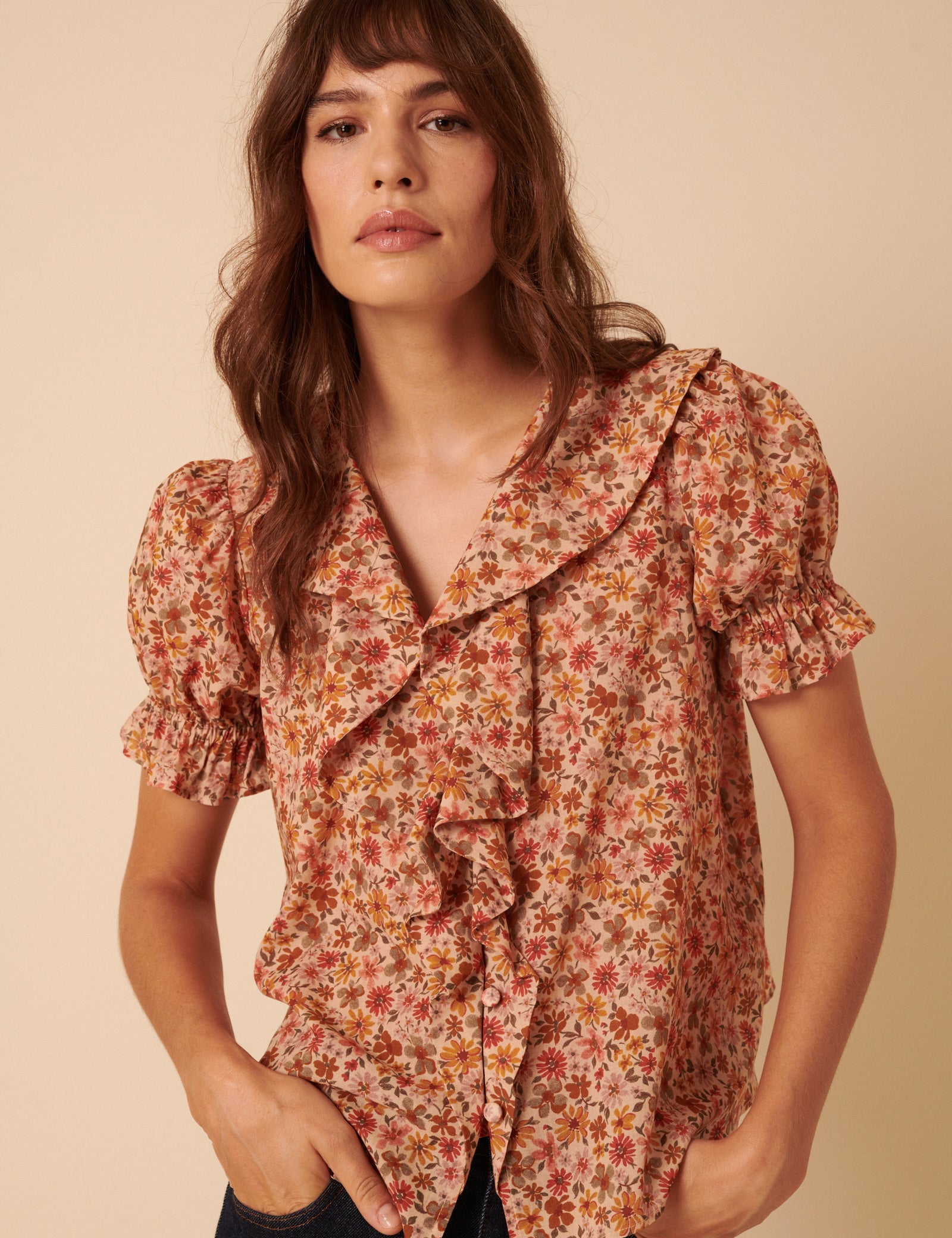 Pink Floral Ruffle Trim Top