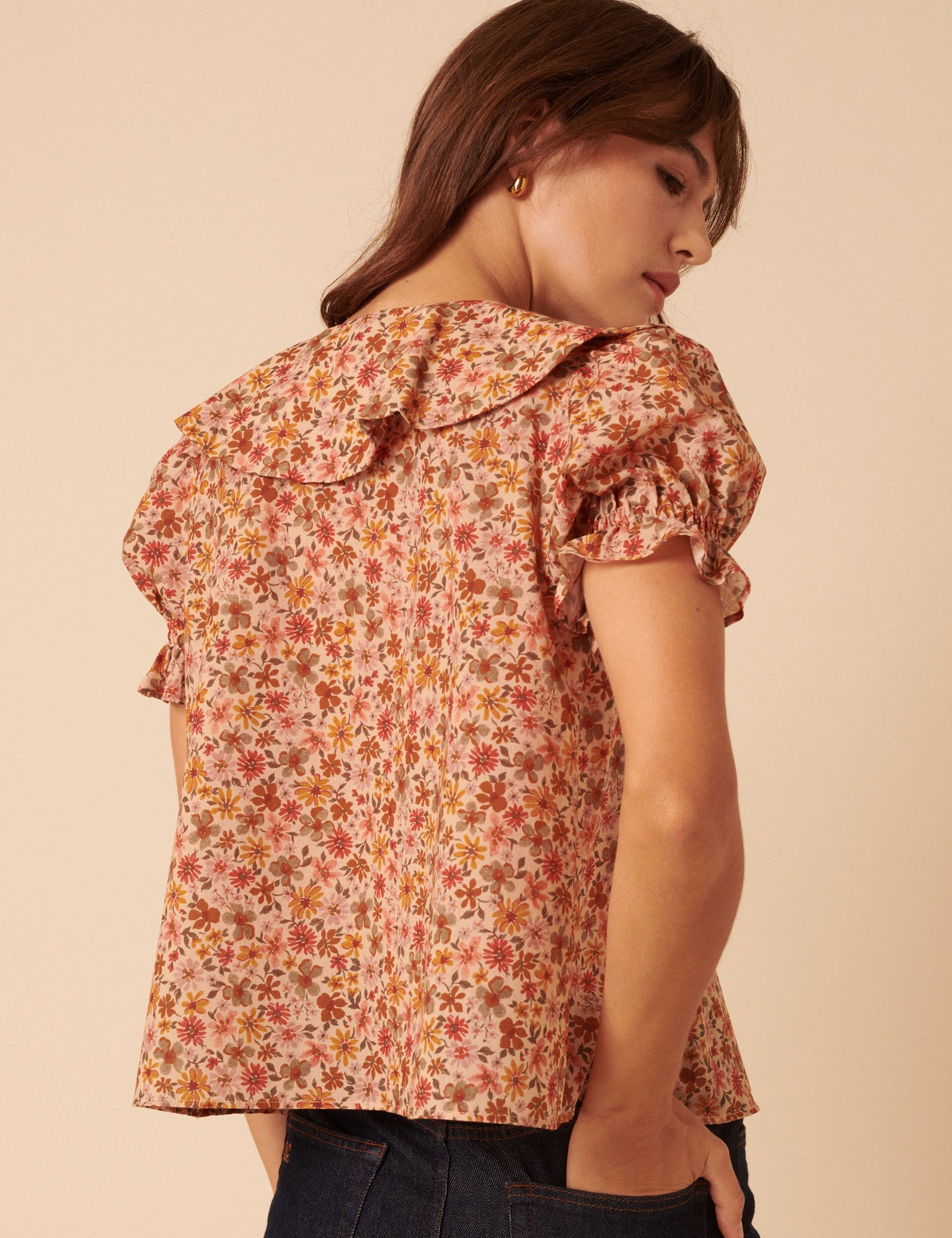 Pink Floral Ruffle Trim Top