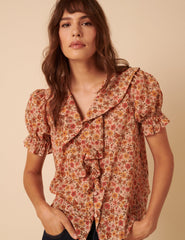Pink Floral Ruffle Trim Top