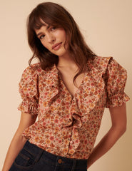 Pink Floral Ruffle Trim Top