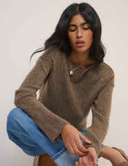 Brown Slash Neck Knitted Jumper
