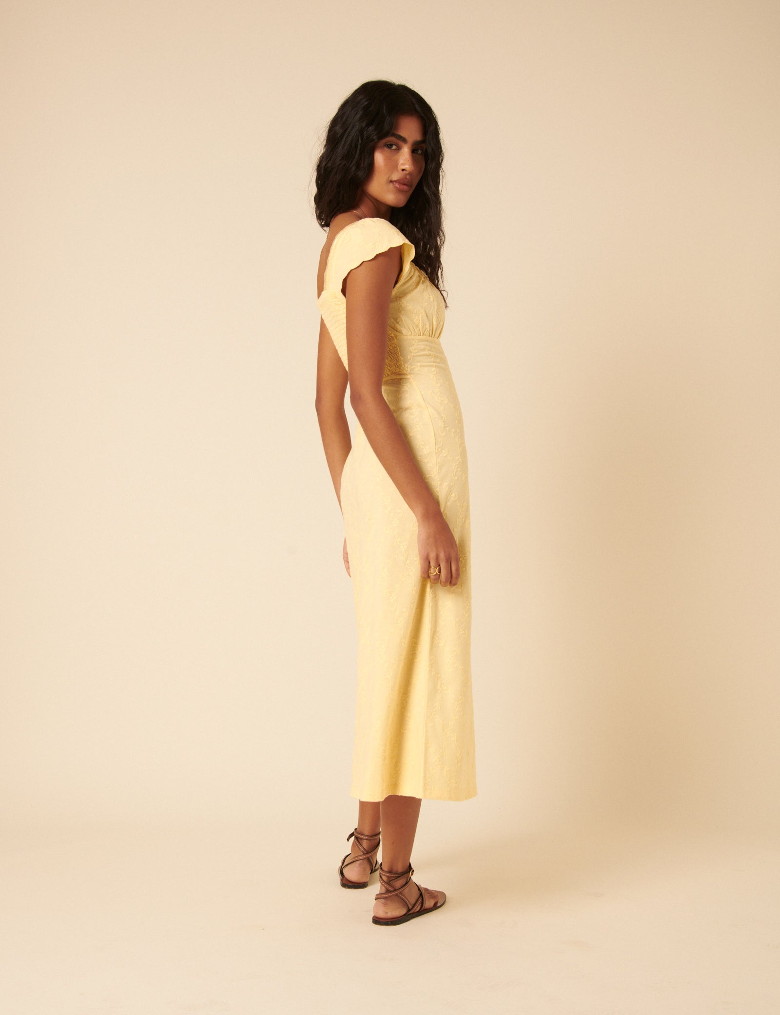 Lemon Yellow Lace Trim Melissa Midi Dress