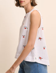 White Floral Embroidered Sleeveless Swing Top