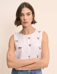 White Floral Embroidered Sleeveless Swing Top