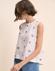 White Floral Embroidered Sleeveless Swing Top