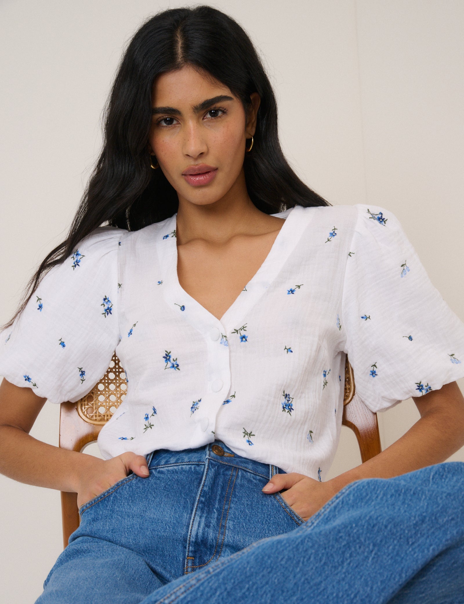 White Ditsy Floral Puff Sleeve Top