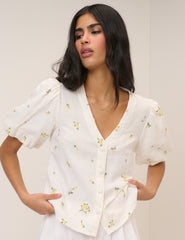 White Ditsy Floral Puff Sleeve Top