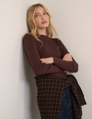 Brown Ribbed Knitted Mock Neck Top