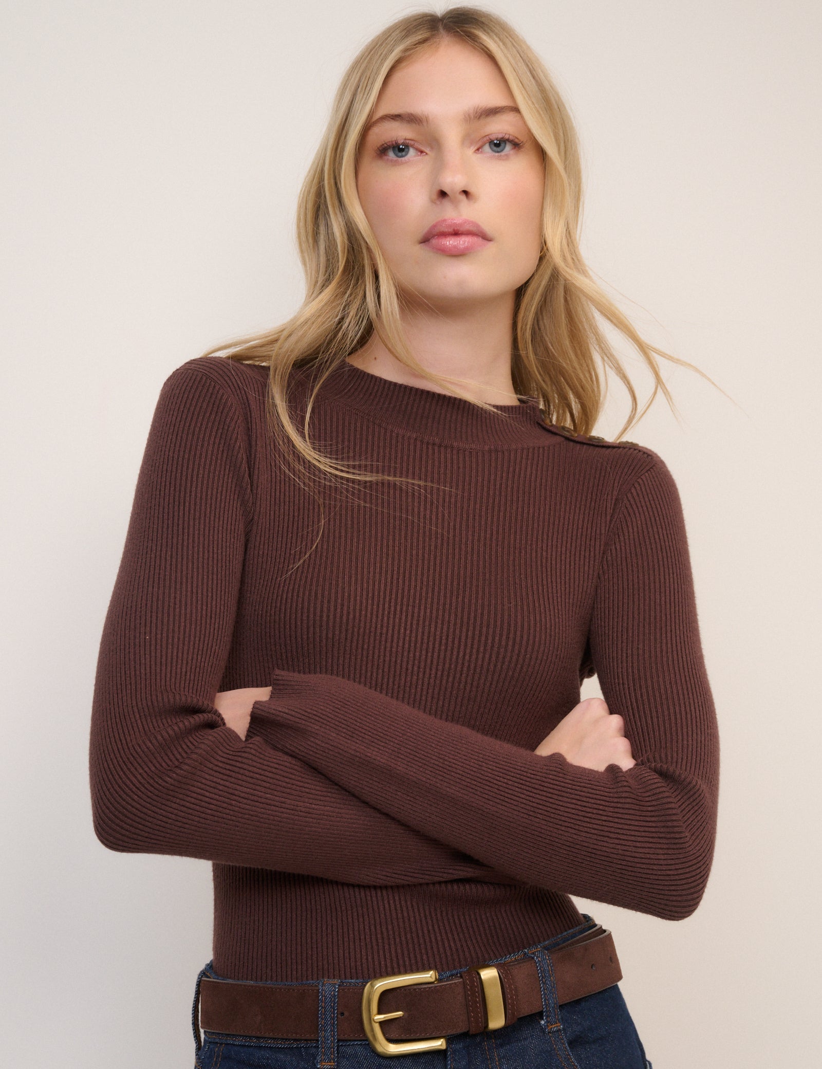 Brown Ribbed Knitted Mock Neck Top