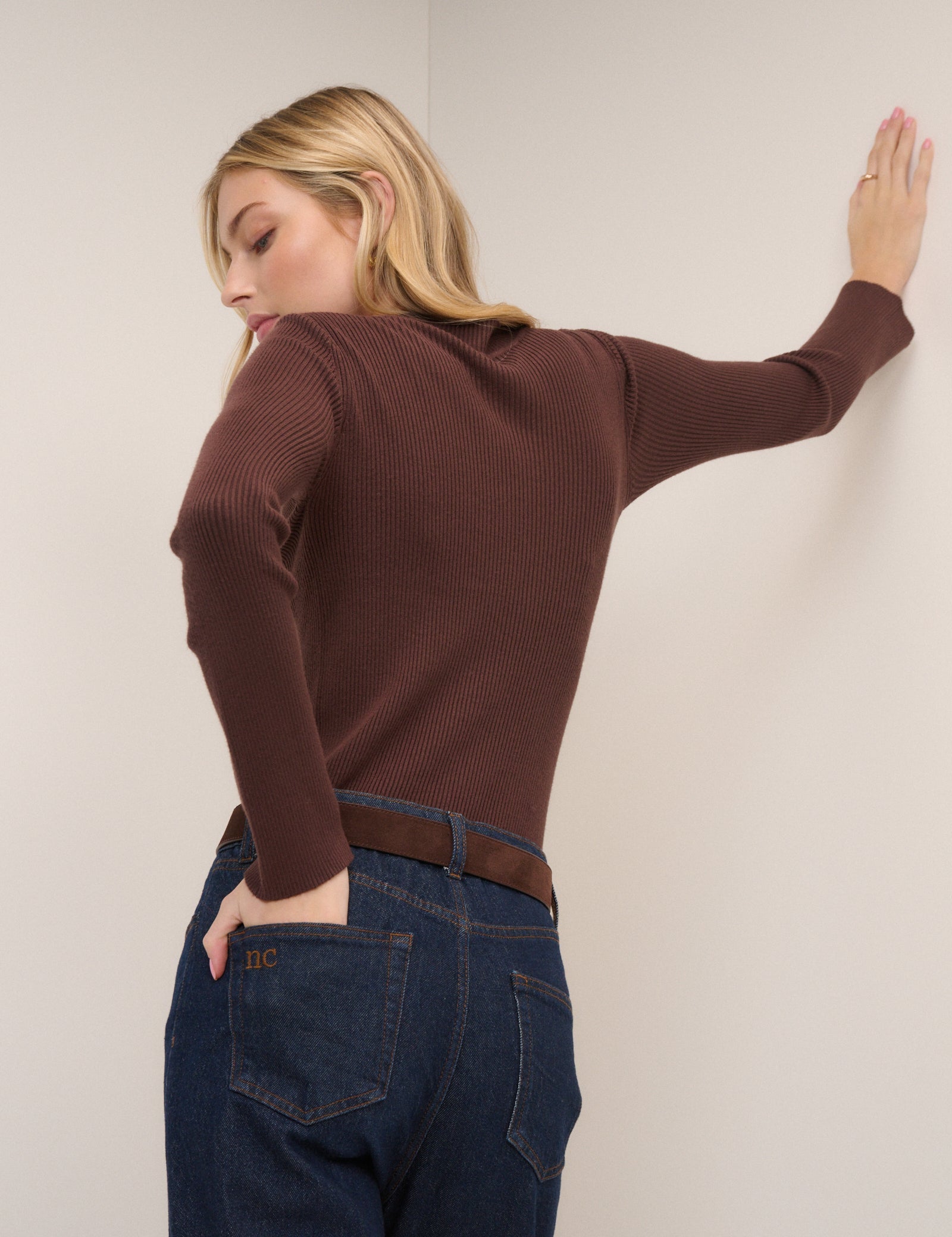Brown Ribbed Knitted Mock Neck Top