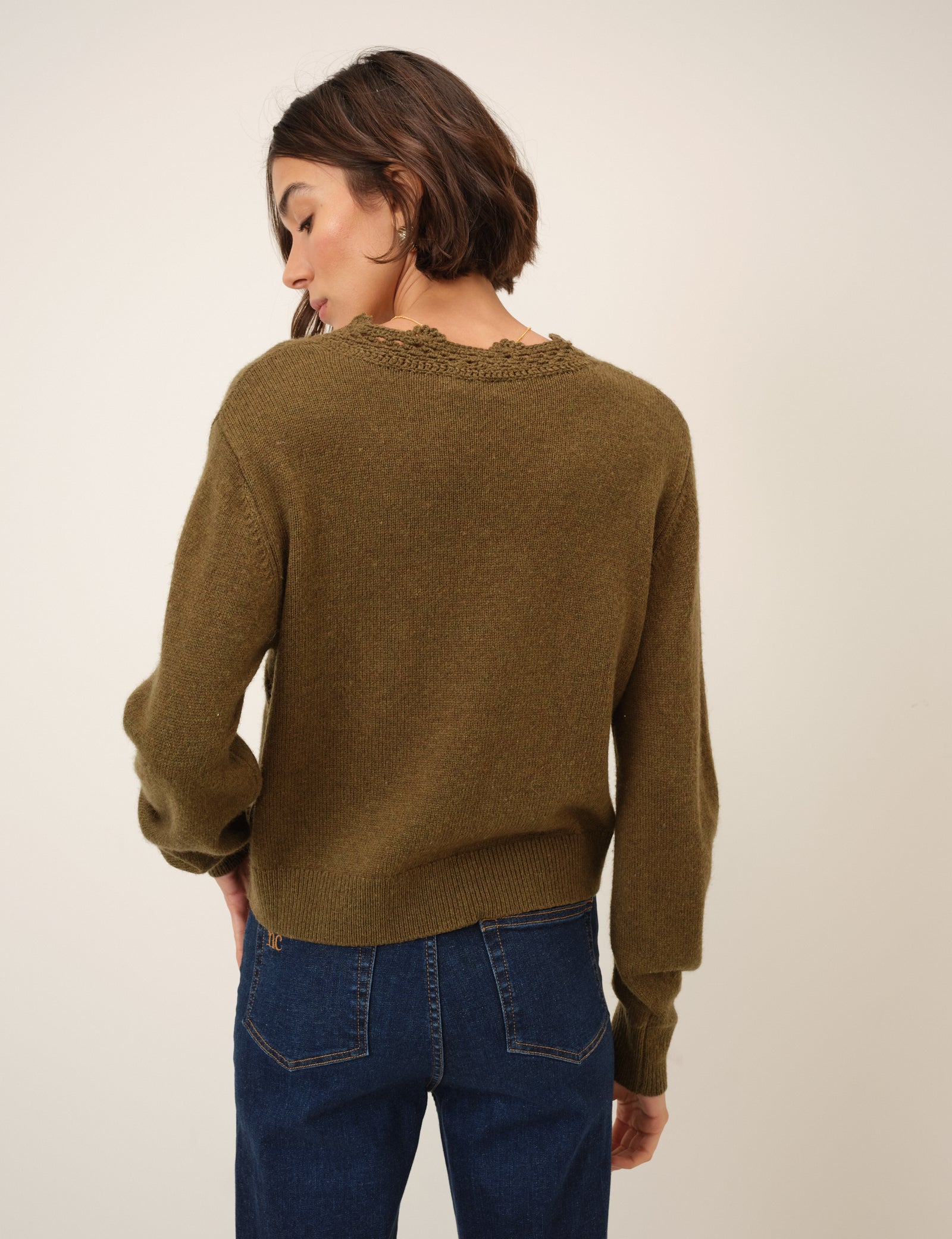 Khaki Wool Blend Crochet Trim V-Neck Cardigan