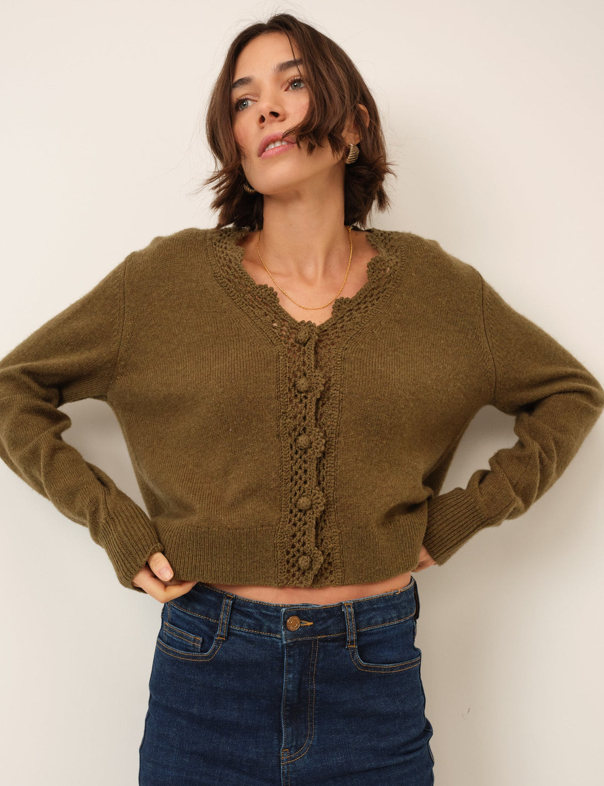 Khaki Wool Blend Crochet Trim V-Neck Cardigan