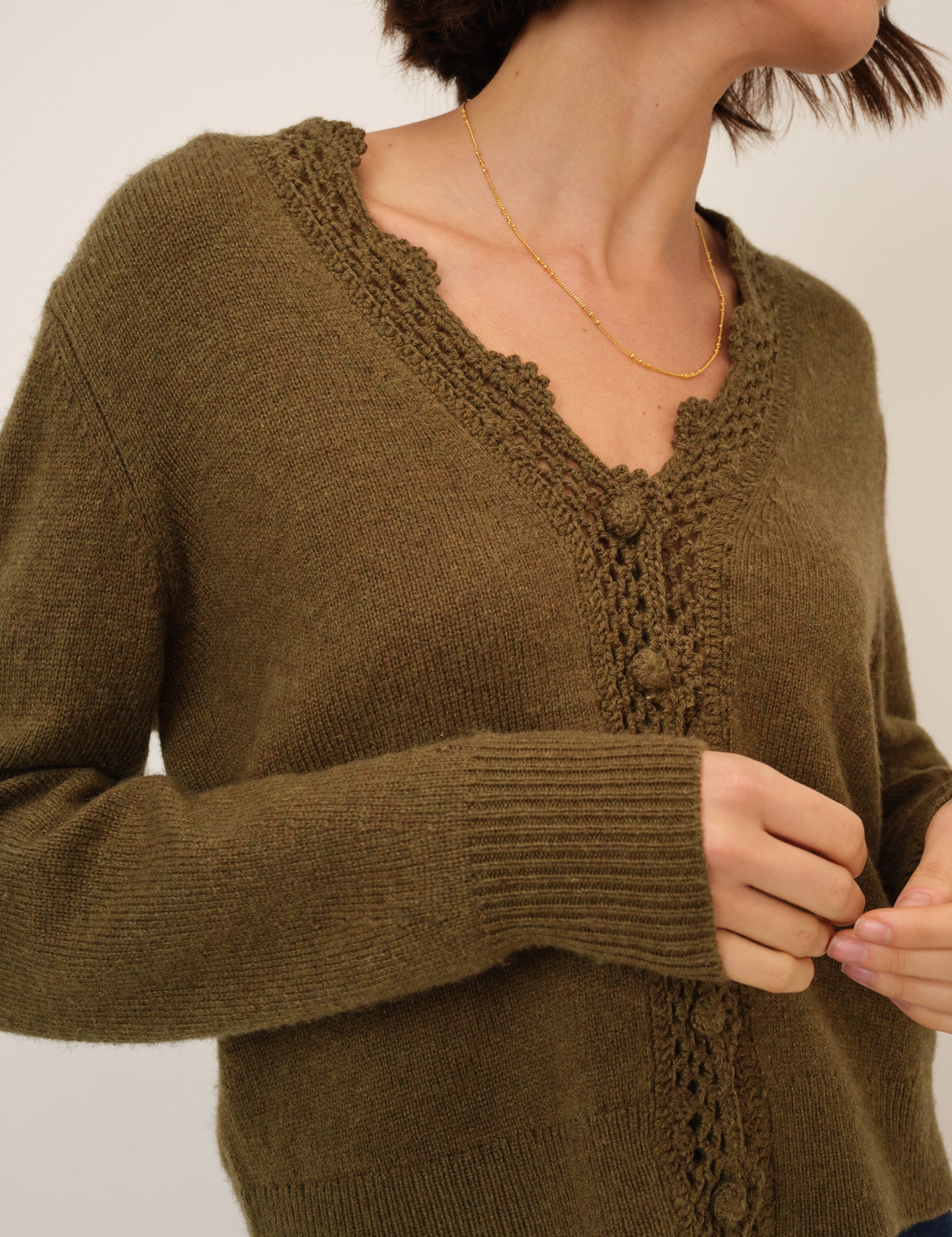 Khaki Wool Blend Crochet Trim V-Neck Cardigan