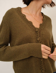 Khaki Wool Blend Crochet Trim V-Neck Cardigan
