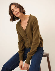 Khaki Wool Blend Crochet Trim V-Neck Cardigan