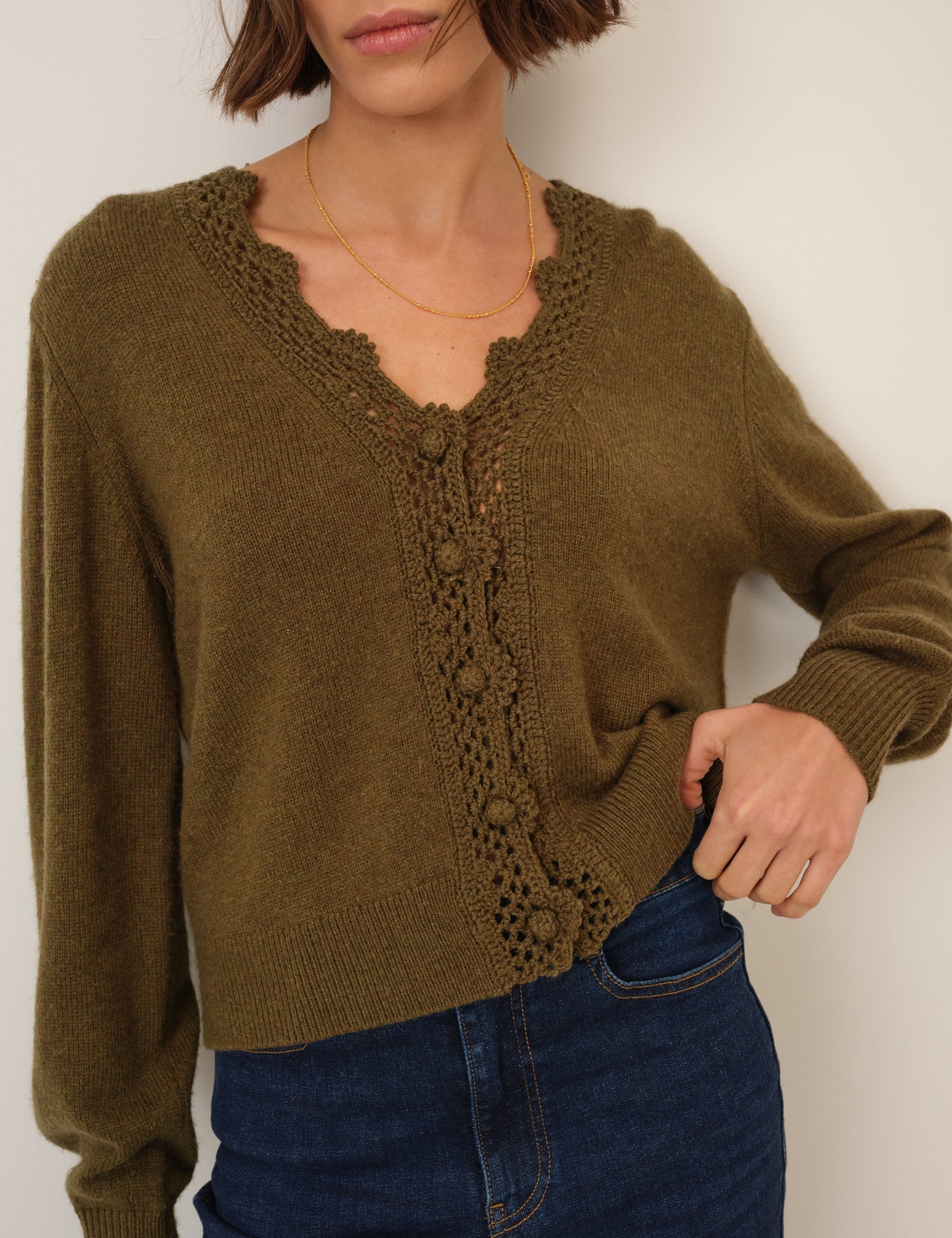 Khaki Wool Blend Crochet Trim V-Neck Cardigan