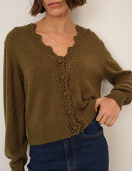 Khaki Wool Blend Crochet Trim V-Neck Cardigan