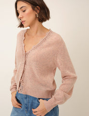 Pink Crochet Trim V-Neck Cardigan