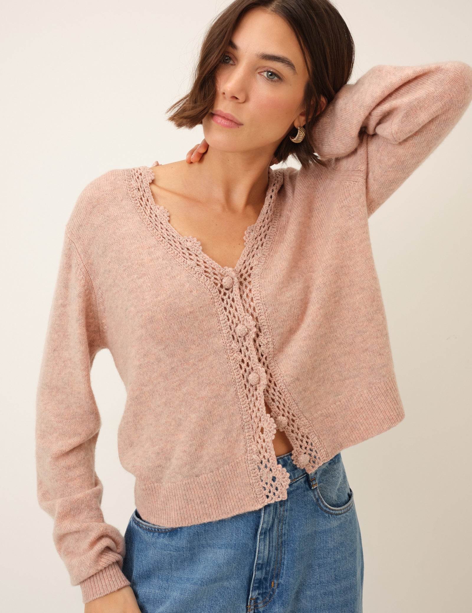 Pink Crochet Trim V-Neck Cardigan