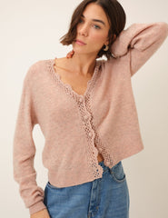 Pink Crochet Trim V-Neck Cardigan