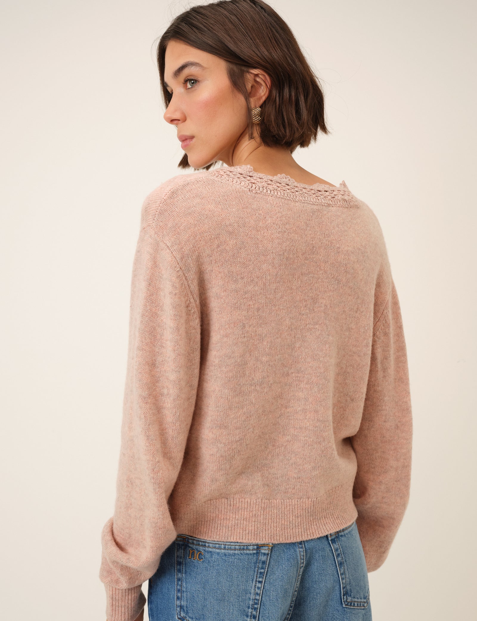 Pink Crochet Trim V-Neck Cardigan