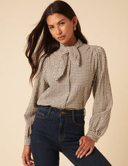 White Check Tie Neck Shirt