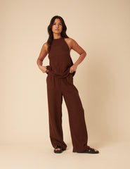 Brown Linen-Blend Halter Neck Top