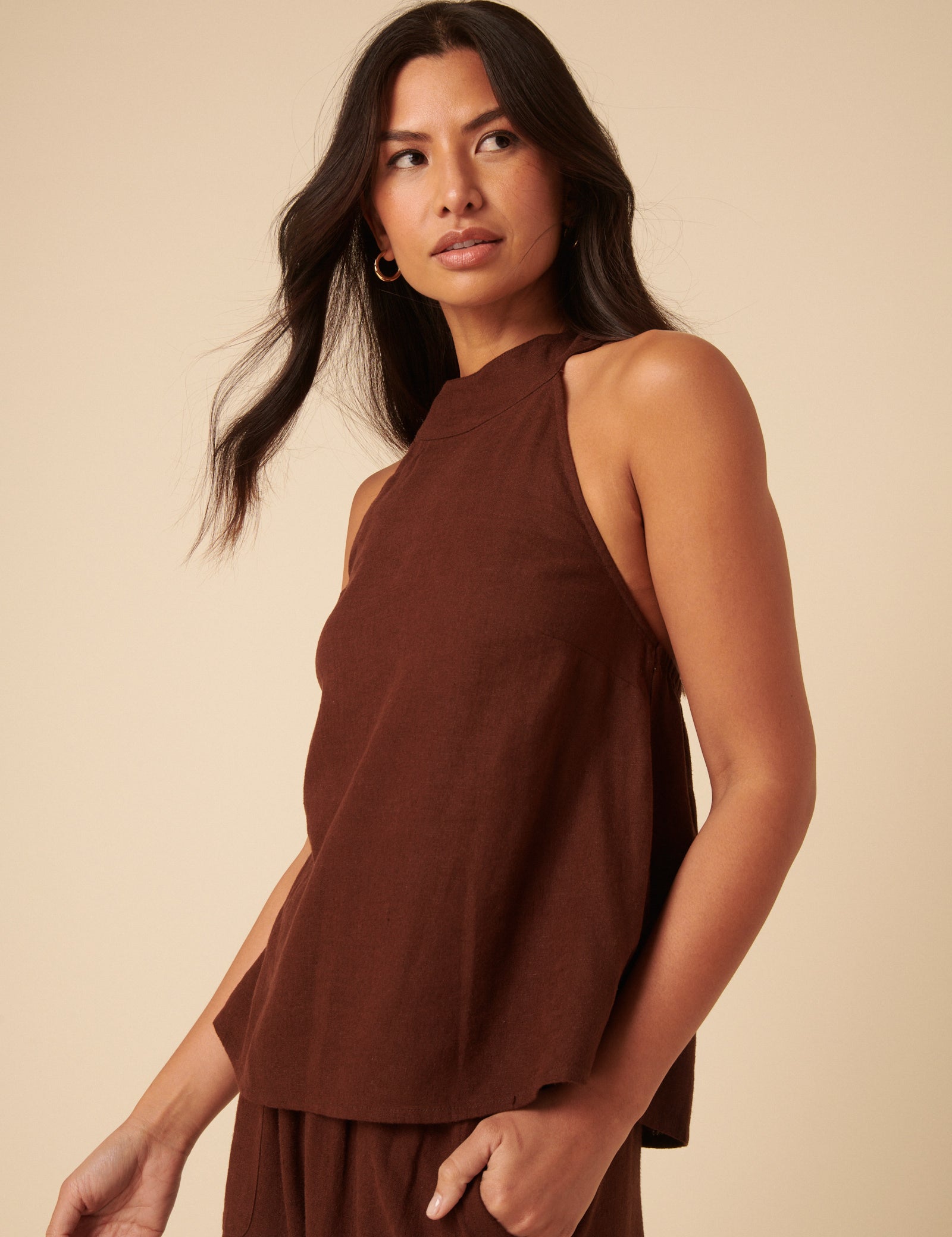 Brown Linen-Blend Halter Neck Top