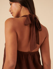 Brown Linen-Blend Halter Neck Top