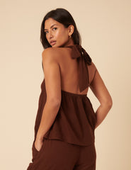Brown Linen-Blend Halter Neck Top