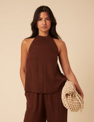 Brown Linen-Blend Halter Neck Top