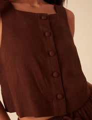 Brown Linen-Blend Button Front Top