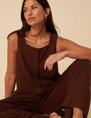 Brown Linen-Blend Button Front Top