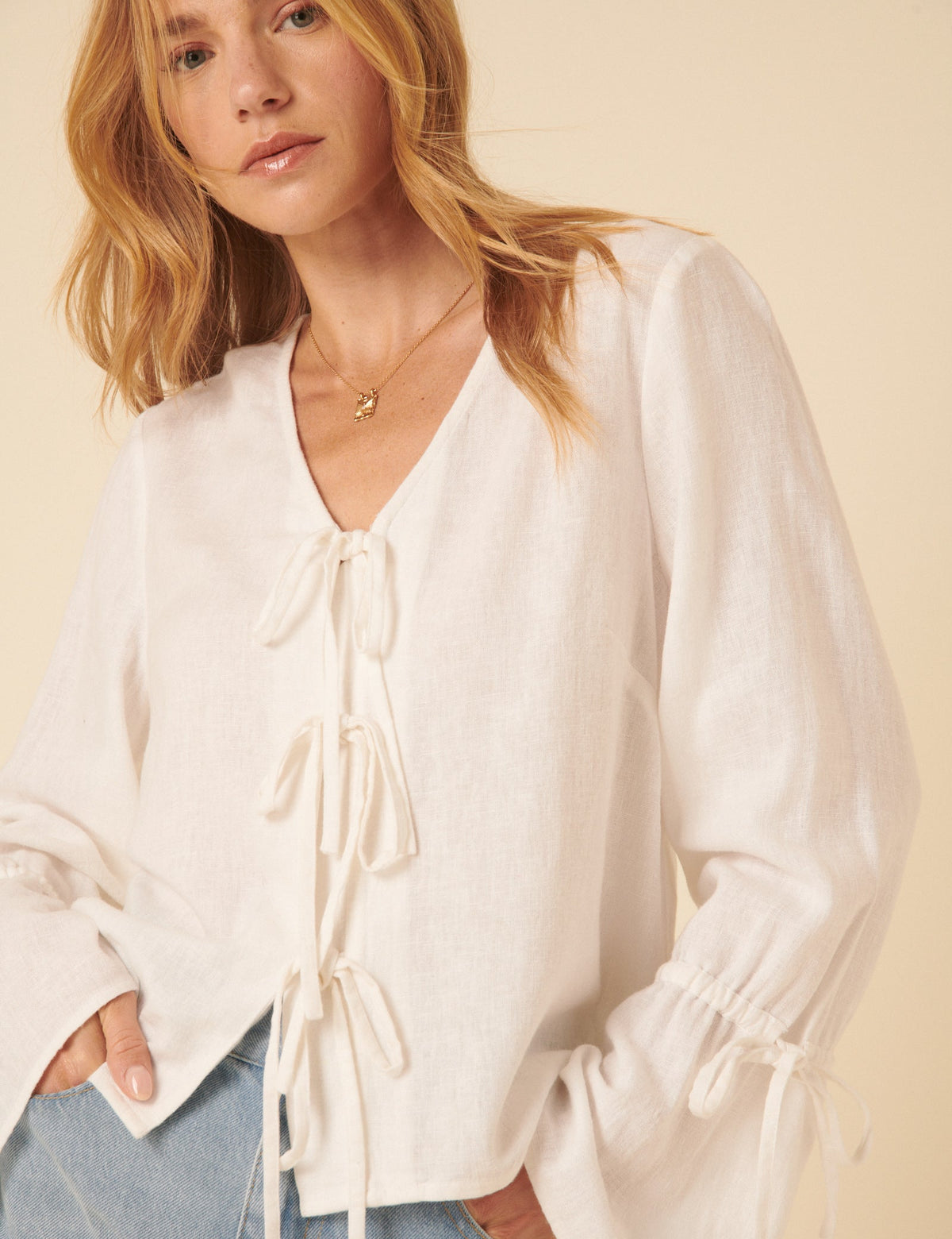 White Linen-Blend Tie Front Blouse