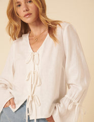 White Linen-Blend Tie Front Blouse