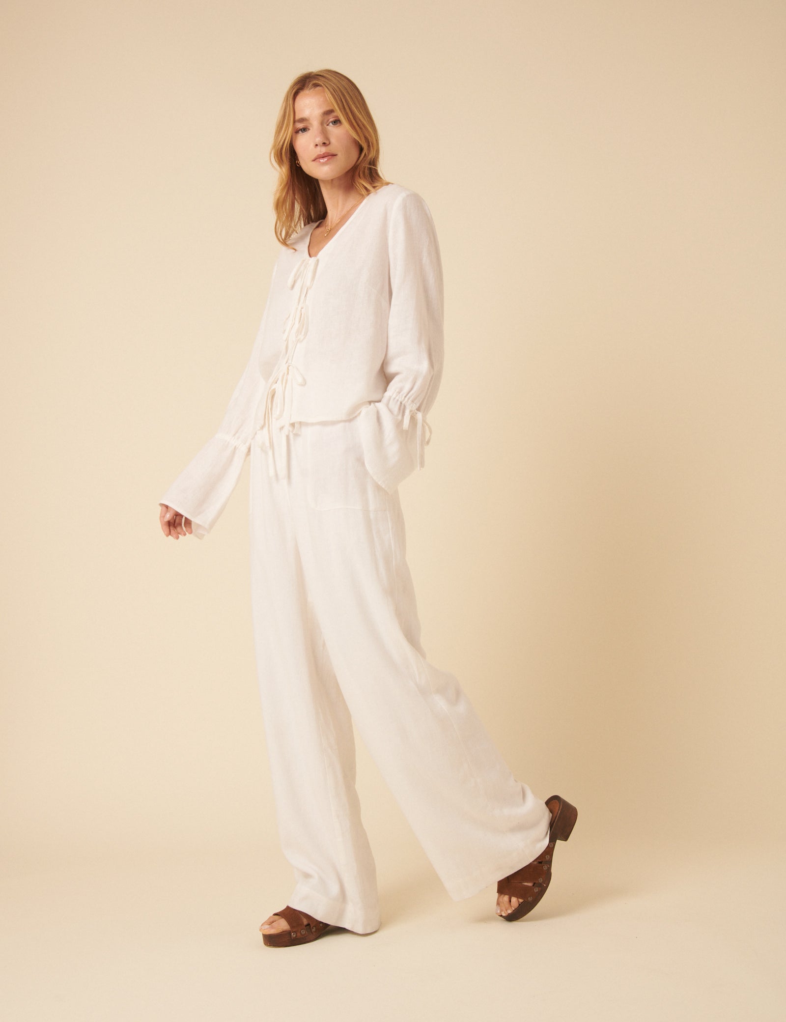 White Linen-Blend Tie Front Blouse