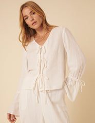White Linen-Blend Tie Front Blouse