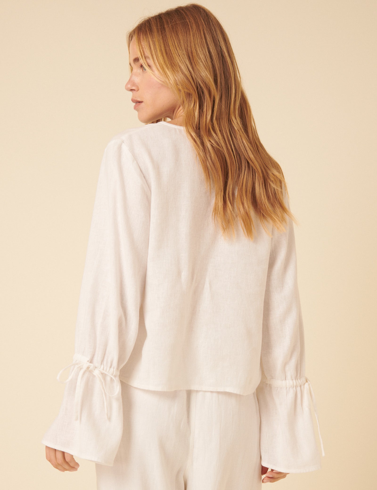 White Linen-Blend Tie Front Blouse